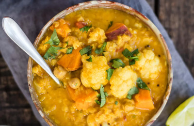 Vegan Soup with Curried Cauliflower, Sweet Potato, and Lentils