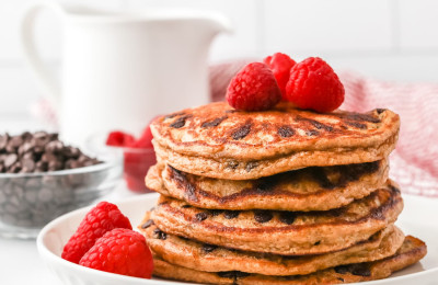 Greek Yogurt Pancakes with Strawberries, Oats, and Chocolate Chips