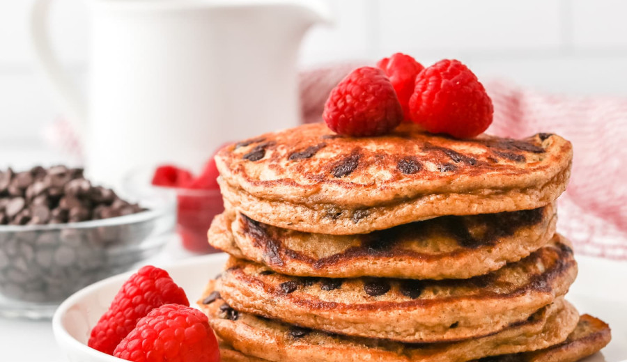 Greek Yogurt Pancakes with Strawberries, Oats, and Chocolate Chips