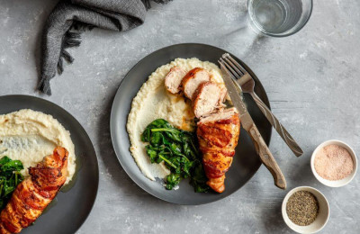 Cauliflower Rice with Herbs, Pecans, and Bacon-Wrapped Chicken