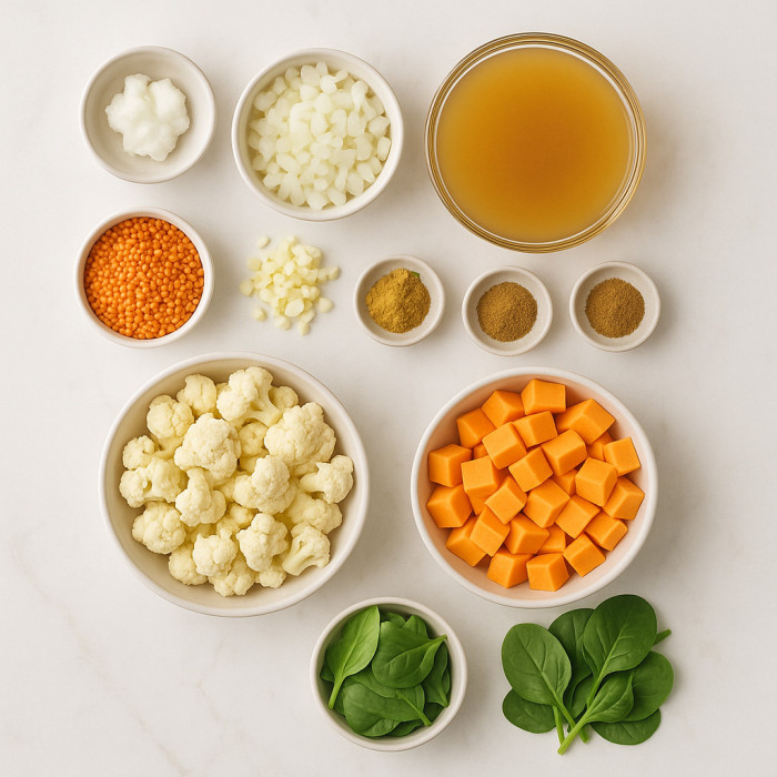 Vegan Soup with Curried Cauliflower, Sweet Potato, and Lentils ingredients