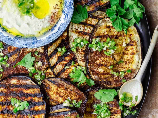Charred Eggplant and Peppers Topped with Feta