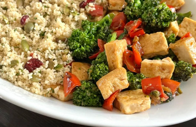 Tofu and Veggie Stir-Fry Served with Couscous