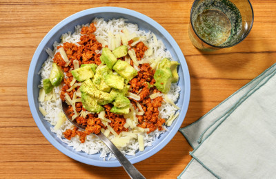 Tex-Mex Beef Bowl Topped with Avocado Cilantro Dressing