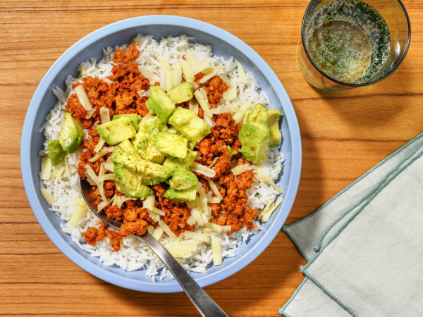 Tex-Mex Beef Bowl Topped with Avocado Cilantro Dressing