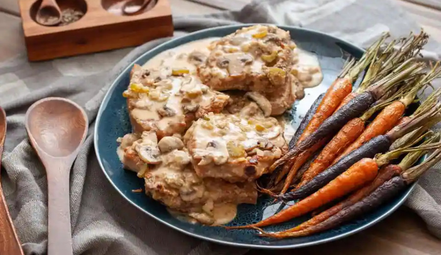 Nikki's Pork Chops in Creamy Mushroom Sauce on Jasmine Rice