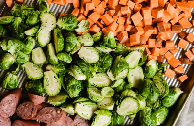 Roasted Winter Veggies with Chicken-Apple Sausage and Bacon from Sunshine