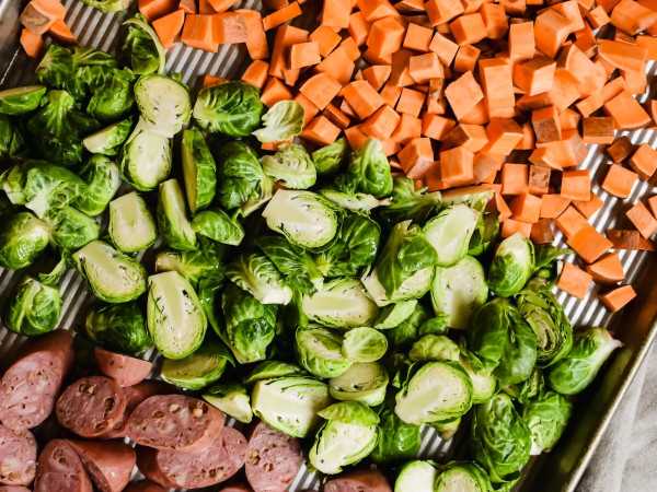 Roasted Winter Veggies with Chicken-Apple Sausage and Bacon from Sunshine