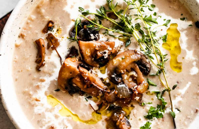 Creamy Rice Soup with Cremini Mushrooms