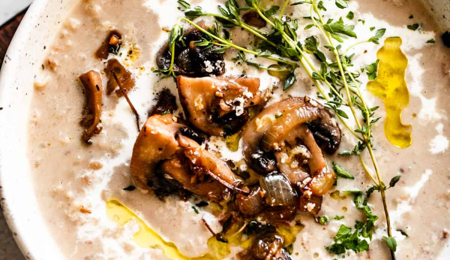 Creamy Rice Soup with Cremini Mushrooms