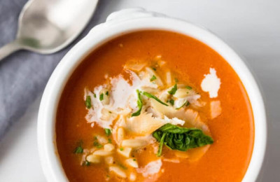 Tomato Orzo Soup Topped with Gorgonzola