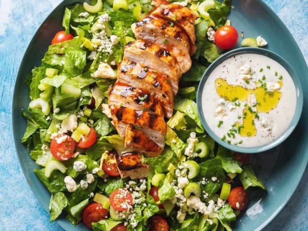 Buffalo Chicken Salad Topped with Bacon and Blue Cheese