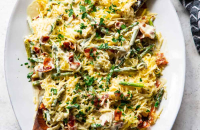 Oven-Roasted Spaghetti Squash with Asparagus and Goat Cheese