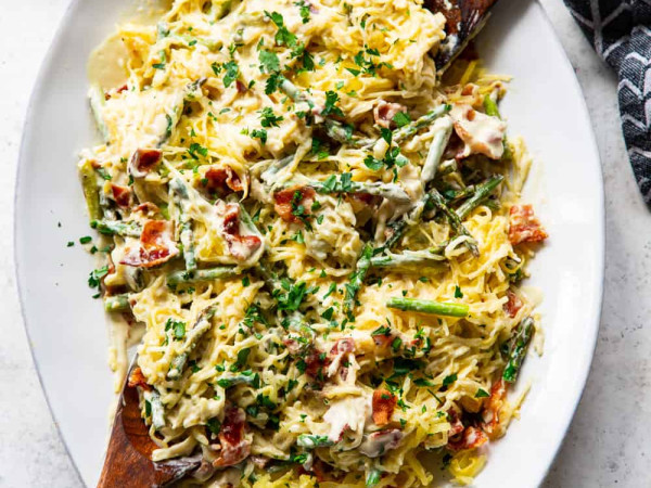 Oven-Roasted Spaghetti Squash with Asparagus and Goat Cheese